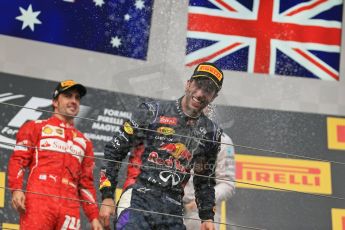 World © Octane Photographic Ltd. Sunday 27th July 2014. Hungarian GP, Hungaroring - Budapest. Podium. Infiniti Red Bull Racing RB10 – Daniel Ricciardo, Mercedes AMG Petronas F1 W05 Hybrid – Lewis Hamilton and Scuderia Ferrari F14T - Fernando Alonso. Digital Ref: 1074LB1D4599