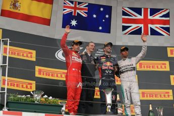 World © Octane Photographic Ltd. Sunday 27th July 2014. Hungarian GP, Hungaroring - Budapest. Podium. Infiniti Red Bull Racing RB10 – Daniel Ricciardo, Mercedes AMG Petronas F1 W05 Hybrid – Lewis Hamilton and Scuderia Ferrari F14T - Fernando Alonso. Digital Ref: 1074LB1D4612