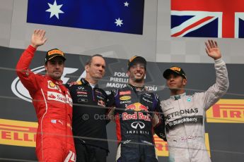 World © Octane Photographic Ltd. Sunday 27th July 2014. Hungarian GP, Hungaroring - Budapest. Podium. Infiniti Red Bull Racing RB10 – Daniel Ricciardo, Mercedes AMG Petronas F1 W05 Hybrid – Lewis Hamilton and Scuderia Ferrari F14T - Fernando Alonso. Digital Ref: 1074LB1D4622