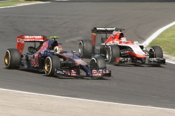 World © Octane Photographic Ltd. Friday 25th July 2014. Hungarian GP, Hungaroring - Budapest. - Formula 1 Practice 1. Scuderia Toro Rosso STR 9 – Daniil Kvyat and Marussia F1 Team MR03 - Jules Bianchi. Digital Ref: