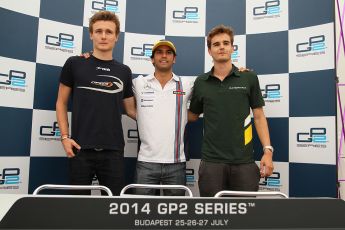 World © Octane Photographic Ltd. Friday 25th July 2014. GP2 Qualifying Press Conference – Hungarian GP, Hungaroring - Budapest. Felipe Nasr (1st) - Carlin, Tom Dillmann (2nd) - EQ8 Caterham Racing and Arthur Pic (3rd) - Campos Racing. Digital Ref : 1059CB7D7058