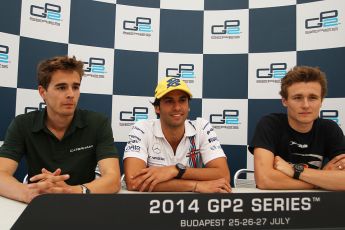 World © Octane Photographic Ltd. Friday 25th July 2014. GP2 Qualifying Press Conference – Hungarian GP, Hungaroring - Budapest. Felipe Nasr (1st) - Carlin, Tom Dillmann (2nd) - EQ8 Caterham Racing and Arthur Pic (3rd) - Campos Racing. Digital Ref : 1059CB7D7068