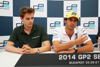 World © Octane Photographic Ltd. Friday 25th July 2014. GP2 Qualifying Press Conference – Hungarian GP, Hungaroring - Budapest. Felipe Nasr (1st) - Carlin and Tom Dillmann (2nd) - EQ8 Caterham Racing. Digital Ref : 1059CB7D7076