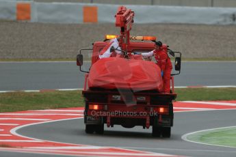 World © Octane Photographic Ltd. Tuesday 13th May 2014. Circuit de Catalunya - Spain - Formula 1 In-Season testing. Scuderia Ferrari F14T – Kimi Raikkonen's car is recovered after stopping on track. Digital Ref: