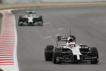 World © Octane Photographic Ltd. Tuesday 13th May 2014. Circuit de Catalunya - Spain - Formula 1 In-Season testing. McLaren Mercedes MP4/29 - Jenson Button and Mercedes AMG Petronas F1 W05 Hybrid – Lewis Hamilton. Digital Ref: