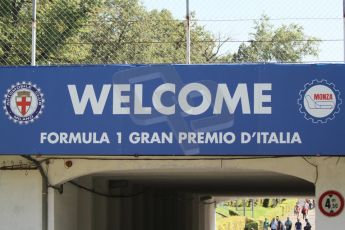 World © Octane Photographic Ltd. Saturday 6th September 2014. Italian GP, Monza - Italy, Atmosphere. Welcome to Monza over main entrance tunnel. Digital Ref : 1105CB7D9927