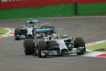 World © Octane Photographic Ltd. Friday 5th September 2014, Italian GP, Monza - Italy - Formula 1 Practice 1. Mercedes AMG Petronas F1 W05 Hybrid – Lewis Hamilton and Nico Rosberg. Digital Ref: 1094LB1D3375
