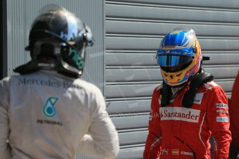 World © Octane Photographic Ltd. Saturday 6th September 2014, Italian GP, Monza - Italy. - Formula 1 Qualifying Parc Ferme. Scuderia Ferrari F14T - Fernando Alonso and Mercedes AMG Petronas F1 W05 Hybrid - Nico Rosberg. Digital Ref: 1106LB1D6269