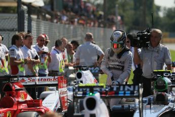 World © Octane Photographic Ltd. Saturday 6th September 2014, Italian GP, Monza - Italy. - Formula 1 Qualifying Parc Ferme. Mercedes AMG Petronas F1 W05 Hybrid – Lewis Hamilton. Digital Ref: 1106LB1D6295