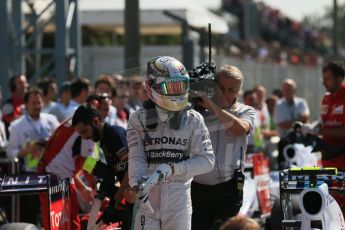 World © Octane Photographic Ltd. Saturday 6th September 2014, Italian GP, Monza - Italy. - Formula 1 Qualifying Parc Ferme. Mercedes AMG Petronas F1 W05 Hybrid – Lewis Hamilton. Digital Ref: 1106LB1D6304