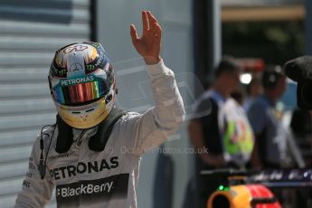 World © Octane Photographic Ltd. Saturday 6th September 2014, Italian GP, Monza - Italy. - Formula 1 Qualifying Parc Ferme. Mercedes AMG Petronas F1 W05 Hybrid – Lewis Hamilton. Digital Ref: 1106LB1D6314