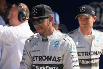 World © Octane Photographic Ltd. Saturday 6th September 2014, Italian GP, Monza - Italy. - Formula 1 Qualifying Parc Ferme. Mercedes AMG Petronas F1 W05 Hybrid – Lewis Hamilton (1st) and Nico Rosberg (2nd). Digital Ref: 1106LB1D6327