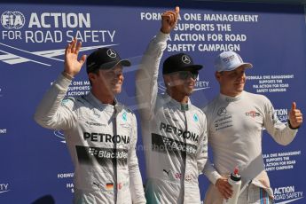 World © Octane Photographic Ltd. Saturday 6th September 2014, Italian GP, Monza - Italy. - Formula 1 Qualifying Parc Ferme. Mercedes AMG Petronas F1 W05 Hybrid – Lewis Hamilton (1st) and Nico Rosberg (2nd) plus Williams Martini Racing FW36 – Valtteri Bottas (3rd). Digital Ref: 1106LB1D6347