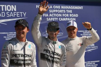 World © Octane Photographic Ltd. Saturday 6th September 2014, Italian GP, Monza - Italy. - Formula 1 Qualifying Parc Ferme. Mercedes AMG Petronas F1 W05 Hybrid – Lewis Hamilton (1st) and Nico Rosberg (2nd) plus Williams Martini Racing FW36 – Valtteri Bottas (3rd). Digital Ref: 1106LB1D6354