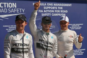 World © Octane Photographic Ltd. Saturday 6th September 2014, Italian GP, Monza - Italy. - Formula 1 Qualifying Parc Ferme. Mercedes AMG Petronas F1 W05 Hybrid – Lewis Hamilton (1st) and Nico Rosberg (2nd) plus Williams Martini Racing FW36 – Valtteri Bottas (3rd). Digital Ref: 1106LB1D6360