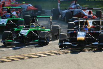 World © Octane Photographic Ltd. Saturday 6th September 2014. GP3 Race 1, Italian GP, Monza - Italy. Alex Lynn - Carlin pushed wide and Nick Yelloly - Status Grand Prix with a damaged nose. Digital Ref : 1108LB1D6493