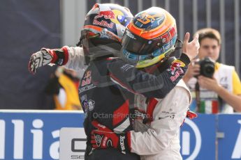 World © Octane Photographic Ltd. Sunday 7th September 2014. GP3 Race 2, Italian GP, Monza - Italy. Dean Stoneman - Marussia Manor Racing congratulated by Alex Lynn - Carlin. Digital Ref : 1110CB7D0675