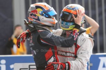 World © Octane Photographic Ltd. Sunday 7th September 2014. GP3 Race 2, Italian GP, Monza - Italy. Dean Stoneman - Marussia Manor Racing congratulated by Alex Lynn - Carlin. Digital Ref : 1110CB7D0679