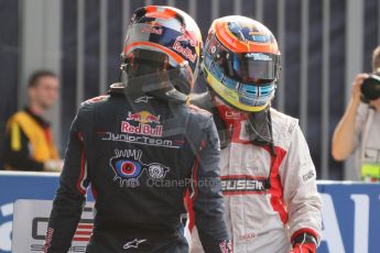 World © Octane Photographic Ltd. Sunday 7th September 2014. GP3 Race 2, Italian GP, Monza - Italy. Dean Stoneman - Marussia Manor Racing congratulated by Alex Lynn - Carlin. Digital Ref : 1110CB7D0684