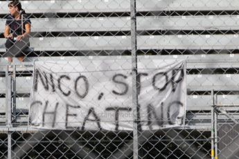 World © Octane Photographic Ltd. Sunday 7th September 2014, Italian GP, Monza - Italy. - Formula 1 Paddock. Fan Flag "Nico Stop Cheating". Digital Ref: 1109LB1D45968