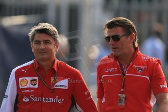 World © Octane Photographic Ltd. Sunday 7th September 2014, Italian GP, Monza - Italy. - Formula 1 Paddock. Scuderia Ferrari - Marco Mattiacci and Marussia's Graham Lowdon. Digital Ref: 1109LB1D6843