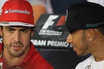 World © Octane Photographic Ltd. Thursday 4th September 2014, Italian GP, Autodromo di Monza. - Formula 1 Driver Press Conference. Scuderia Ferrari F14T - Fernando Alonso and Mercedes AMG Petronas F1 W05 – Lewis Hamilton talk. Digital Ref: 1092LB1D2588