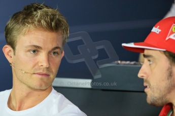 World © Octane Photographic Ltd. Thursday 4th September 2014, Italian GP, Autodromo di Monza. - Formula 1 Driver Press Conference. Scuderia Ferrari F14T - Fernando Alonso and Mercedes AMG Petronas F1 W05 - Nico Rosberg talk. Digital Ref: 1092LB1D2667