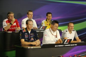 World © Octane Photographic Ltd. Friday 3rd October 2014, Japanese Grand Prix - Suzuka. - Formula 1 Drivers’ Press conference. Scuderia Ferrari Chassis Technical Director – Pat Fry, Mercedes AMG High Performance Powertrains Managing Director – Andy Cowell, Renault F1 Head of Track Operations – Remi Taffin, Infiniti Red Bull Racing Head of Car Engineering - Paul Monaghan, Honda Head of Motorsport - Yasuhisa Arai and McLaren Mercedes Chief Operating Officer (COO) – Jonathan Neale. Digital Ref: