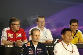 World © Octane Photographic Ltd. Friday 3rd October 2014, Japanese Grand Prix - Suzuka. - Formula 1 Drivers’ Press conference. Scuderia Ferrari Chassis Technical Director – Pat Fry, Mercedes AMG High Performance Powertrains Managing Director – Andy Cowell, Infiniti Red Bull Racing Head of Car Engineering - Paul Monaghan and Honda Head of Motorsport - Yasuhisa Arai. Digital Ref: