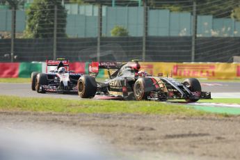 World © Octane Photographic Ltd. Friday 3rd October 2014, Japanese Grand Prix - Suzuka. - Formula 1 Practice 2. Lotus F1 Team E22 – Pastor Maldonado and Scuderia Toro Rosso STR 9 – Daniil Kvyat. Digital Ref: