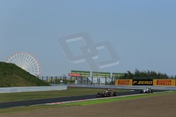World © Octane Photographic Ltd. Friday 3rd October 2014, Japanese Grand Prix - Suzuka. - Formula 1 Practice 2. Lotus F1 Team E22 - Romain Grosjean and Williams Martini Racing FW36 – Valtteri Bottas. Digital Ref: