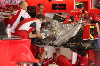 World © Octane Photographic Ltd. Saturday 4th October 2014, Japanese Grand Prix - Suzuka. - Formula 1 Practice 3. Scuderia Ferrari F14T engine detail – Kimi Raikkonen. Digital Ref: