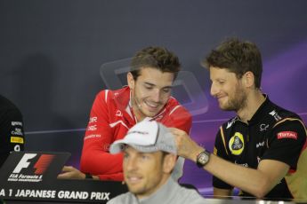 World © Octane Photographic Ltd. Thursday 2nd October 2014, Japanese Grand Prix - Suzuka. - Formula 1 Drivers’ Press conference. Marussia F1 Team MR03 - Jules Bianchi and Lotus F1 Team - Romain Grosjean. Digital Ref: