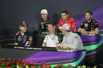 World © Octane Photographic Ltd. Thursday 2nd October 2014, Japanese Grand Prix - Suzuka. - Formula 1 Drivers’ Press conference. Sahara Force India – Nico Hulkenburg, Marussia F1 Team - Jules Bianchi, Lotus F1 Team - Romain Grosjean, Infiniti Red Bull Racing - Sebastian Vettel, Caterham F1 Team – Kamui Kobayashi and McLaren Mercedes - Jenson Button. Digital Ref :