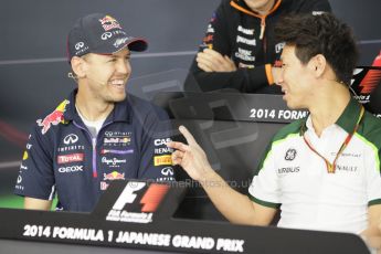 World © Octane Photographic Ltd. Thursday 2nd October 2014, Japanese Grand Prix - Suzuka. - Formula 1 Drivers’ Press conference. Caterham F1 Team – Kamui Kobayashiand Infiniti Red Bull Racing - Sebastian Vettel. Digital Ref: