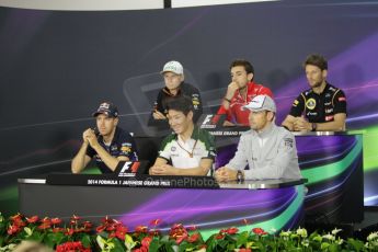 World © Octane Photographic Ltd. Thursday 2nd October 2014, Japanese Grand Prix - Suzuka. - Formula 1 Drivers’ Press conference. Sahara Force India – Nico Hulkenburg, Marussia F1 Team - Jules Bianchi, Lotus F1 Team - Romain Grosjean, Infiniti Red Bull Racing - Sebastian Vettel, Caterham F1 Team – Kamui Kobayashi and McLaren Mercedes - Jenson Button. Digital Ref :