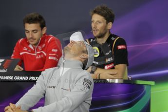 World © Octane Photographic Ltd. Thursday 2nd October 2014, Japanese Grand Prix - Suzuka. - Formula 1 Drivers’ Press conference. Marussia F1 Team - Jules Bianchi, Lotus F1 Team - Romain Grosjean, and McLaren Mercedes - Jenson Button. Digital Ref :