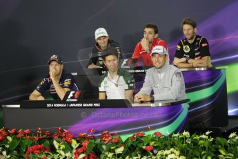 World © Octane Photographic Ltd. Thursday 2nd October 2014, Japanese Grand Prix - Suzuka. - Formula 1 Drivers’ Press conference. Sahara Force India – Nico Hulkenburg, Marussia F1 Team - Jules Bianchi, Lotus F1 Team - Romain Grosjean, Infiniti Red Bull Racing - Sebastian Vettel, Caterham F1 Team – Kamui Kobayashi and McLaren Mercedes - Jenson Button. Digital Ref :