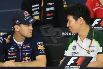 World © Octane Photographic Ltd. Thursday 2nd October 2014, Japanese Grand Prix - Suzuka. Formula 1 Drivers’ Press conference. Infiniti Red Bull Racing - Sebastian Vettel and Caterham F1 Team – Kamui Kobayashi. Digital Ref: 1131LB1D4211