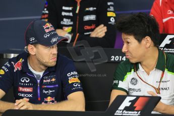 World © Octane Photographic Ltd. Thursday 2nd October 2014, Japanese Grand Prix - Suzuka. Formula 1 Drivers’ Press conference. Infiniti Red Bull Racing - Sebastian Vettel and Caterham F1 Team – Kamui Kobayashi. Digital Ref: 1131LB1D4242