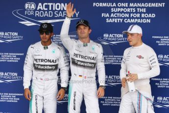 World © Octane Photographic Ltd. Saturday 4th October 2014, Japanese Grand Prix - Suzuka. - Formula 1 Qualifying Parc Ferme. Mercedes AMG Petronas F1 W05 Hybrid - Nico Rosberg and Lewis Hamilton and Williams Martini Racing FW36 – Valtteri Bottas. Digital Ref: