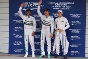 World © Octane Photographic Ltd. Saturday 4th October 2014, Japanese Grand Prix - Suzuka. - Formula 1 Qualifying Parc Ferme. Mercedes AMG Petronas F1 W05 Hybrid - Nico Rosberg and Lewis Hamilton and Williams Martini Racing FW36 – Valtteri Bottas. Digital Ref: