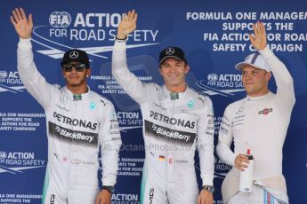 World © Octane Photographic Ltd. Saturday 4th October 2014, Japanese Grand Prix - Suzuka. - Formula 1 Qualifying Parc Ferme. Mercedes AMG Petronas F1 W05 Hybrid - Nico Rosberg and Lewis Hamilton and Williams Martini Racing FW36 – Valtteri Bottas. Digital Ref: