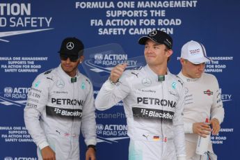 World © Octane Photographic Ltd. Saturday 4th October 2014, Japanese Grand Prix - Suzuka. - Formula 1 Qualifying Parc Ferme. Mercedes AMG Petronas F1 W05 Hybrid - Nico Rosberg and Lewis Hamilton and Williams Martini Racing FW36 – Valtteri Bottas. Digital Ref: