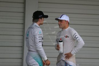 World © Octane Photographic Ltd. Saturday 4th October 2014, Japanese Grand Prix - Suzuka. - Formula 1 Qualifying Parc Ferme. Mercedes AMG Petronas F1 W05 Hybrid - Nico Rosberg and Williams Martini Racing FW36 – Valtteri Bottas. Digital Ref: