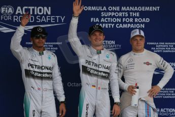 World © Octane Photographic Ltd. Saturday 4th October 2014, Japanese Grand Prix - Suzuka. - Formula 1 Qualifying Parc Ferme. Mercedes AMG Petronas F1 W05 Hybrid - Nico Rosberg and Lewis Hamilton and Williams Martini Racing FW36 – Valtteri Bottas. Digital Ref: