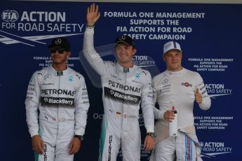 World © Octane Photographic Ltd. Saturday 4th October 2014, Japanese Grand Prix - Suzuka. - Formula 1 Qualifying Parc Ferme. Mercedes AMG Petronas F1 W05 Hybrid - Nico Rosberg and Lewis Hamilton and Williams Martini Racing FW36 – Valtteri Bottas. Digital Ref: