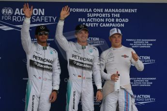 World © Octane Photographic Ltd. Saturday 4th October 2014, Japanese Grand Prix - Suzuka. - Formula 1 Qualifying Parc Ferme. Mercedes AMG Petronas F1 W05 Hybrid - Nico Rosberg and Lewis Hamilton and Williams Martini Racing FW36 – Valtteri Bottas. Digital Ref: