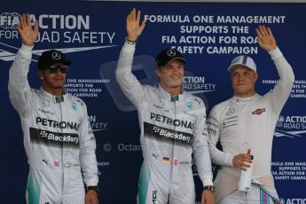 World © Octane Photographic Ltd. Saturday 4th October 2014, Japanese Grand Prix - Suzuka. - Formula 1 Qualifying Parc Ferme. Mercedes AMG Petronas F1 W05 Hybrid - Nico Rosberg and Lewis Hamilton and Williams Martini Racing FW36 – Valtteri Bottas. Digital Ref: