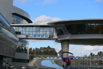 World © Octane Photographic Ltd. 2014 Formula 1 Winter Testing, Circuito de Velocidad, Jerez Winter testing set up day – Monday 27th January 2014. View down the pitlane toward the exit and race control. Digital Ref : 0879cb1d9348